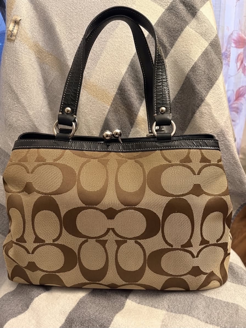 Coach Brown and Tan Signature Hobo with Black Trim